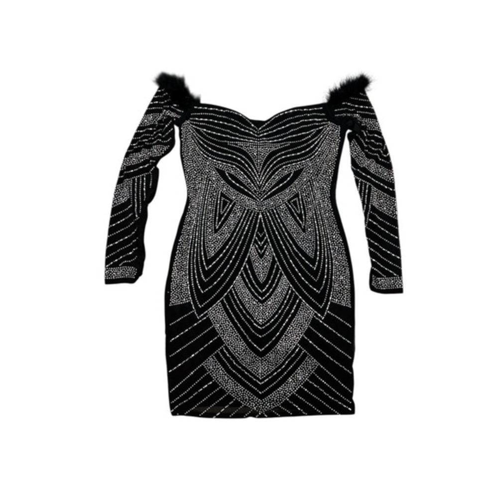Glam Mesh Bodycon Mini‎ Dress Black Beaded Sz XL Party Formal Clubbing